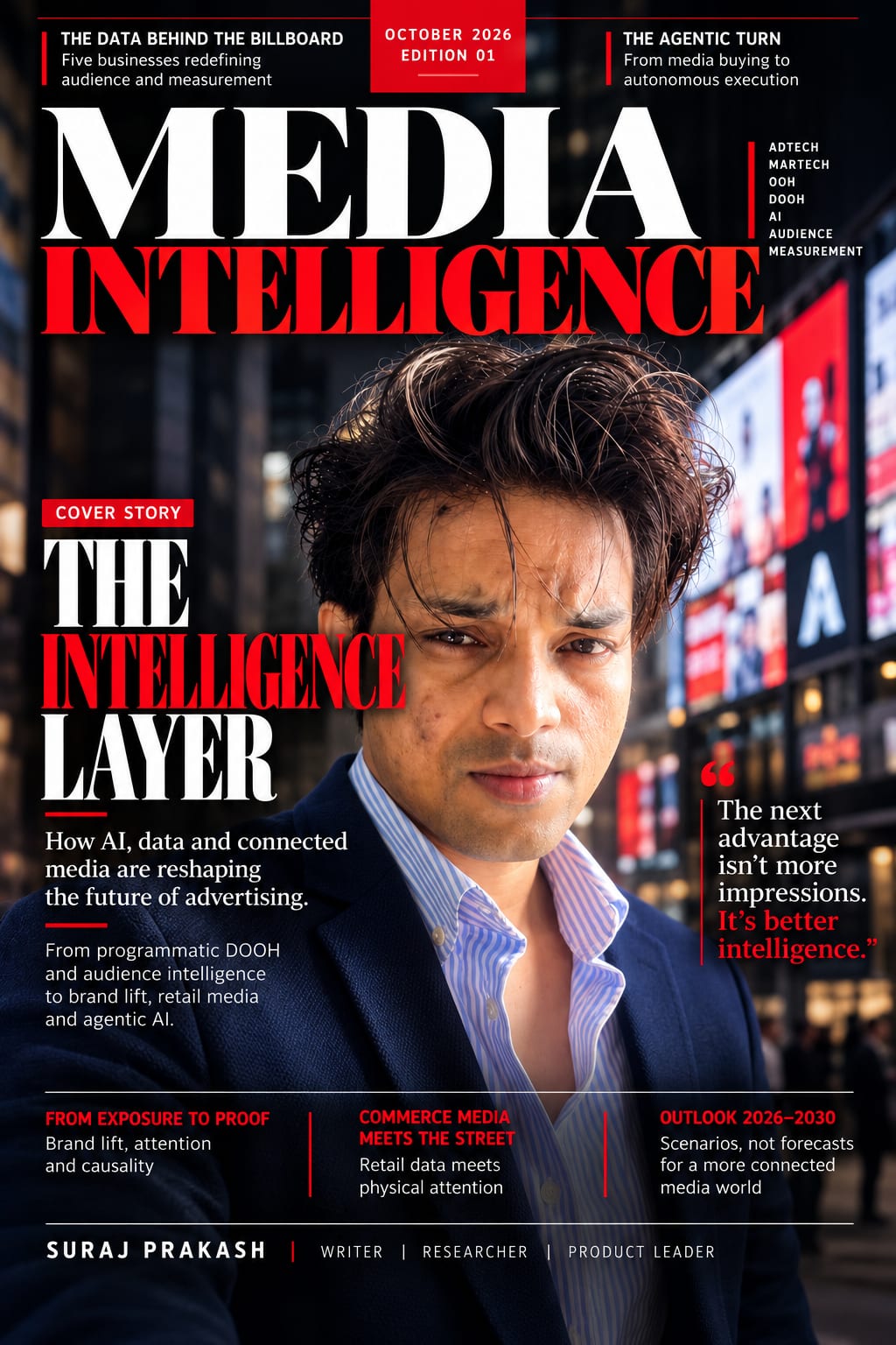 Cover of Media Intelligence, edition 01, October 2026. Cover story: The Intelligence Layer, with a portrait of Suraj Prakash.