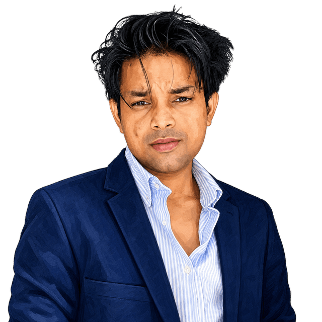 Portrait of Suraj Prakash in a navy blazer and striped shirt